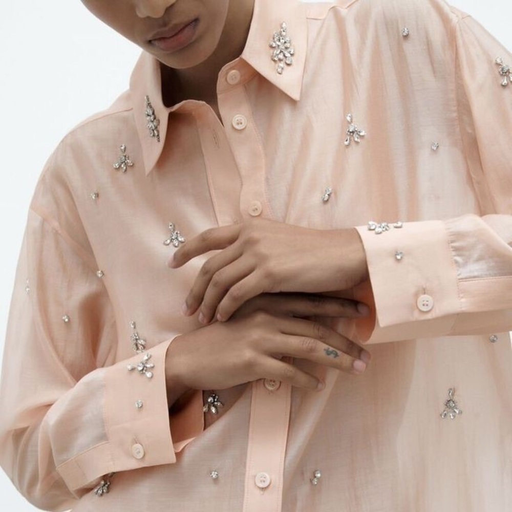 NWT ZARA Peach Collar Rhinestone Sheer Shirt Size L